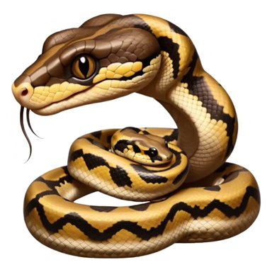 A photo-realistic digital illustration of a Ball Python, large headshot portrait. The snake has a short, rounded snout, smooth contours, and a calm, curious expression. Its head is warm brown with bold, irregular dark markings, including the signature “alien-head” pattern.  sticker