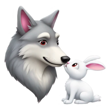 Old Wolf kisses a white Bunny who has pink ears, with big red heart between them sticker