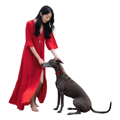 A beautiful 25-year-old Japanese woman with long flowing black hair wearing a stylish red beach dress, gently petting a PURE SOLID DARK GREY whippet with a bright RED COLLAR on a beach at night under a starry sky. The whippet MUST be 100% SOLID DARK GREY with ABSOLUTELY NO WHITE MARKINGS ANYWHERE - specifically NO WHITE on face, NO WHITE on chest, NO WHITE on paws - ENTIRELY ONE CONSISTENT SOLID DARK GREY COLOR throughout. Deep blue night sky filled with bright stars, moonlight reflecting on the ocean, sandy beach in the foreground. sticker