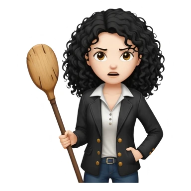 Hey, please generate me an emoji that depicts a woman white skin long black curly disheveled hair slightly thicker, she is wearing a white T-shirt and a black unbuttoned jacket she is furious she is holding a large wodden STICK  sticker