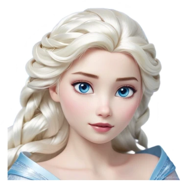 Cinematic Realistic Elsa Portrait, depicted with lifelike skin texture, soft natural lighting, and intricately detailed platinum blonde hair styled elegantly. Her striking, expressive blue eyes exude confidence and grace, complemented by a serene and regal expression. She is dressed in her signature icy attire, with shimmering fabric textures and delicate folds that catch the light beautifully. The portrait features a soft, enchanting glow with a cool, radiant finish, capturing the essence of timeless elegance in a realistic and painterly style, evoking a sense of depth and authenticity. sticker