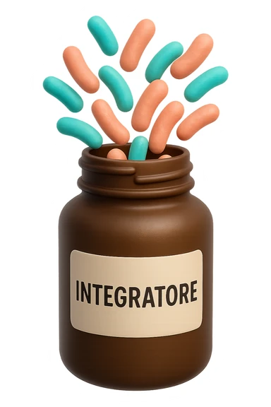 EMOJI STILE IPHONE DI boccetta di integratore con la scritta "INTEGRATORE" SULL'ETICHETTA, con batteri intestinali turchesi e rosa salmone che escono, IPERREALISTICO 4K sticker