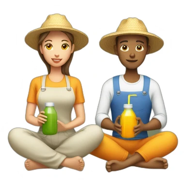 male and female farmer meditating with juice bottle sticker