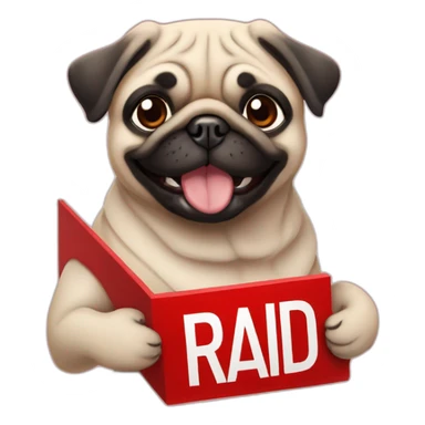 smiling pug holding a sign that reads the word "raid" in big red font sticker