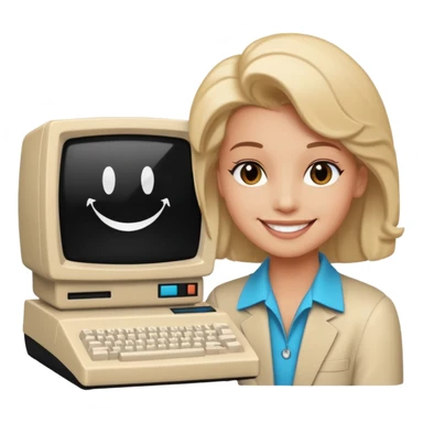 White and black 80s computer with face sticker