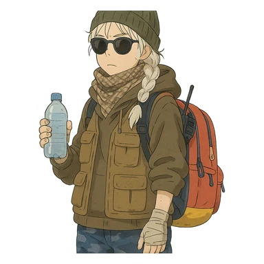 1 female, long white braid, knit cap, dark sunglasses, shemegh neckwrap, fishing vest, vibrant shool backpack, drab hoodie, handwraps, blue camo pants, handheld radio clipped to shoulderstrap of backpack, unkempt, holding a bottle of water sticker
