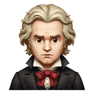 Cinematic Realistic Beethoven Portrait Emoji, depicted as a passionate composer with intense expressive features in period attire, rendered with rich textures and dramatic moody lighting that captures the turbulent genius of his music. sticker