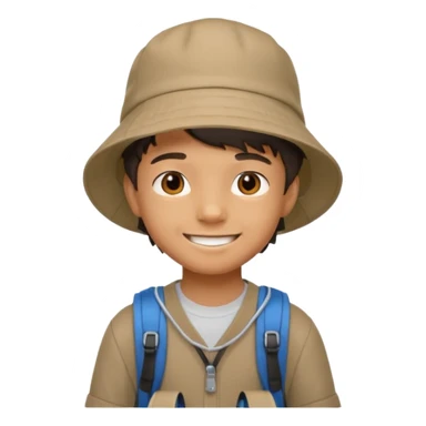 a young student boy with the backpack with bucket hat sticker