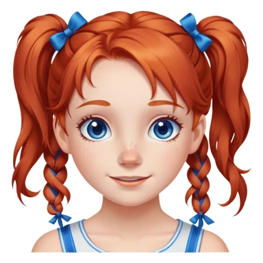 A cheerful, young red-haired girl with bright blue eyes and freckles, styled in two playful pigtails tied with blue ribbons. sticker