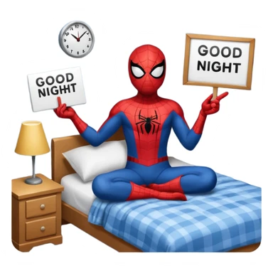 Spider-Man in his bed with a sign that says good night sticker