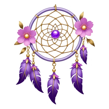 A silver-framed Dreamcatcher. with purple-round-orbs, gold-rings hanging down. purple flowers, pink sakura flowers, sticker