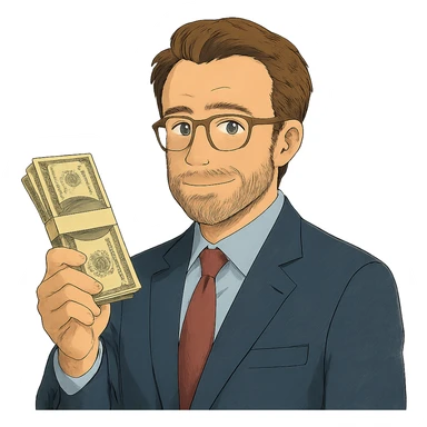 ghibli style Nikolai Astrup, Norwegian politician, holding a pack of money in his hand sticker