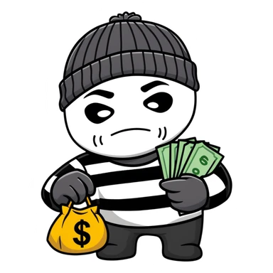 burglar wearing black and white striped shirt, black beanie, black mask over eyes, holding a moneybag sticker