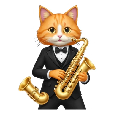 orange cat play gold saxophone, wear black suit sticker