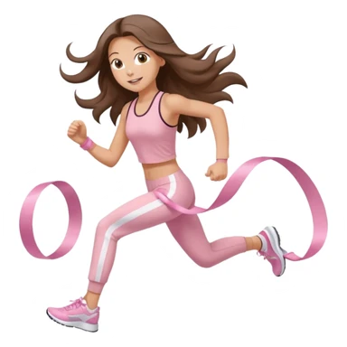 white happy brunette teen long hair with hazel eyes in light pink workout clothes jogging and breaking a ribbon race finish line sticker