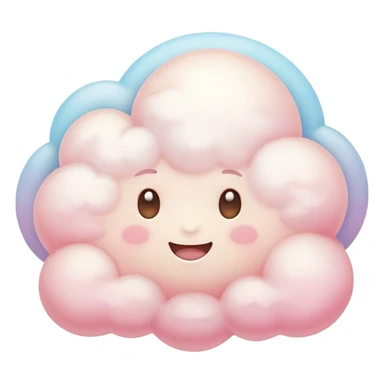 Cinematic round pastel cloud, soft puffy texture, gentle glowing edges, tiny happy face with blushing cheeks, floating in a dreamy sky, warm and magical. sticker