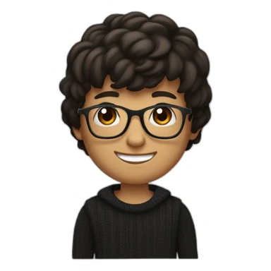 A young man with dark brown hair half-long on top and shorter on the sides with a bang. He has square glasses. He has a black sweater. He also has black eyes. He smiles sticker