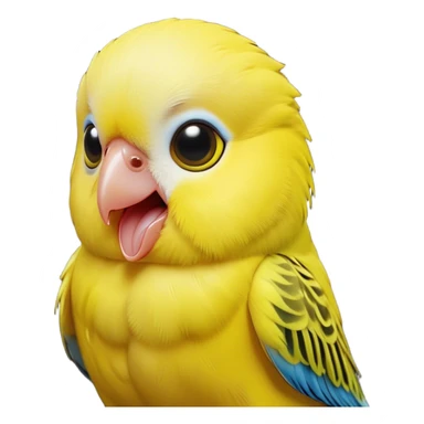 Cinematic Comical Yellow Budgie Portrait Emoji, Head tilted dramatically with an exaggeratedly amused expression, featuring a striking yellow feathered fur with a glossy finish, wide, expressive dark eyes filled with playful disbelief, Simplified yet hilariously expressive features, highly detailed, glowing with a slightly sassy glow, high shine, dramatic yet playful, stylized with an air of cheeky mischief, bright and endearing, soft glowing outline, capturing the essence of a spirited and over-the-top budgie, so meme-worthy it feels like it could side-eye its way into internet fame instantly! sticker