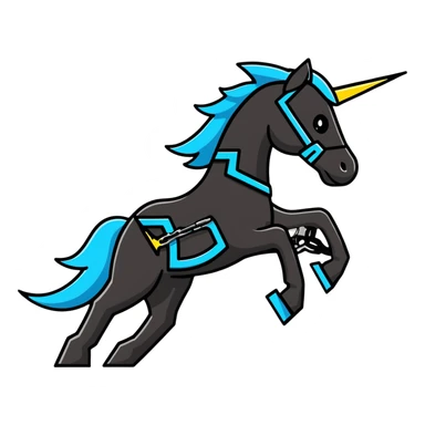 Dynamic electric horse made of metal plates and wires with lightning bolts emanating from its body as it races forward sticker
