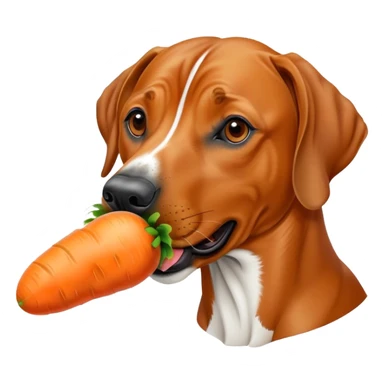 A Rhodesian ridgeback dog eating a large carrot sticker