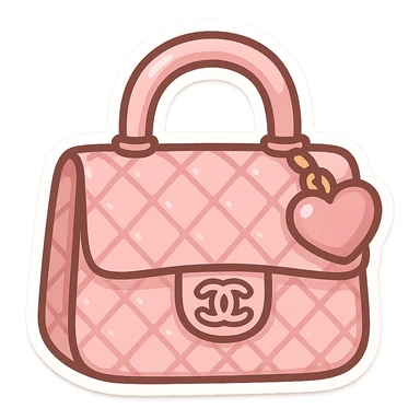 pink Chanel purse with a heart charm, cute and exaggerated chibi stickers style sticker
