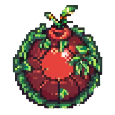 Green digital bomb animation frame 4, round bomb body with green highlights, tiny leaf-shaped fuse at top, intense green glow, about to explode, nature-inspired design, pixel art style sticker