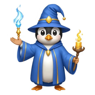 penguin wizard casting a sparkling spell wearing a blue robe and hat, emoji style sticker