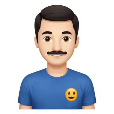 25 year old graphic designer, receding dark hair, thin moustache, black earring left ear, smiling sticker