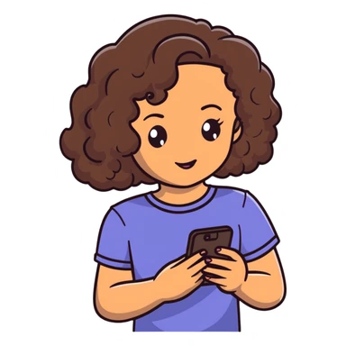 brunette girl with curly medium length hair, brown eyes, slightly tan skin, holding a phone sticker