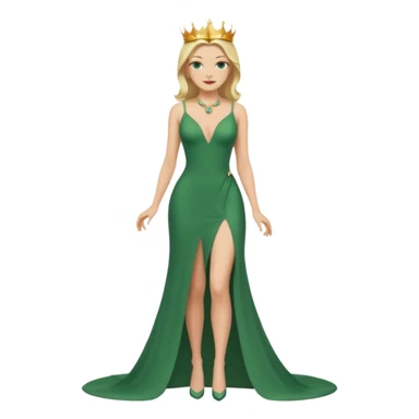 Queen, crown, blonde hair, green eyes, long green tight dress, decoltee,  Leg slit, whole Body, sticker
