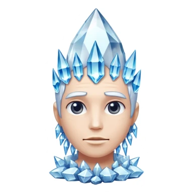 A single crystal character inspired by a clear quartz cluster, chunky base with many tall transparent crystal spikes growing upward all around it with a face sticker