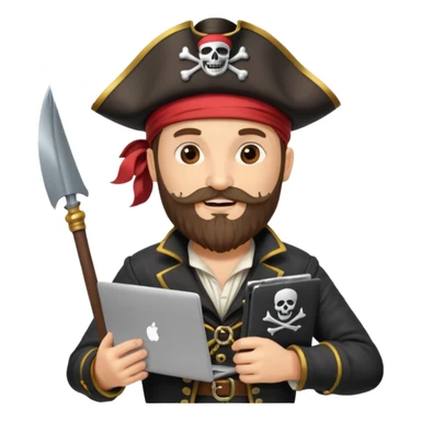 pirate captain standing with a laptop, beard, pirate flag with code symbol, cheerful and creative sticker
