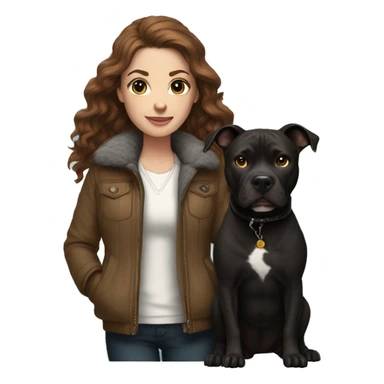 white woman with long brown hair and cat shaped eyes wearing a furry jacket standing alongside a black pitbull  sticker