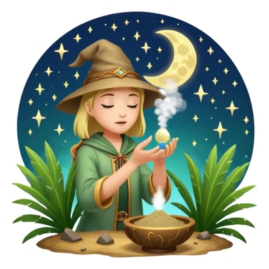 forest alchemist blowing moon dust from palm like spell powder sticker