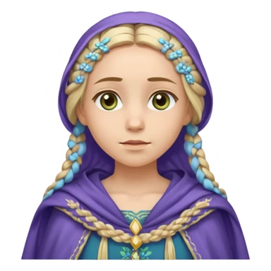 
mujer, Joven, de aspecto dulce y elegante.
Piel clara, ojos grandes y expresivos (pueden ser azules o verdes), sonrisa triste.
Rubio o castaño claro, largo, con trenzas o velo.
Vestido largo de tonos suaves (blanco, azul o lavanda), con bordados dorados; un manto o toca fina cubriendo la cabeza.
 sticker