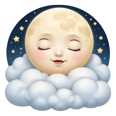 Cinematic adorable moon with a sleepy face, round and chubby, soft glowing light, tiny rosy cheeks, resting on a bed of fluffy clouds, dreamy and peaceful. sticker