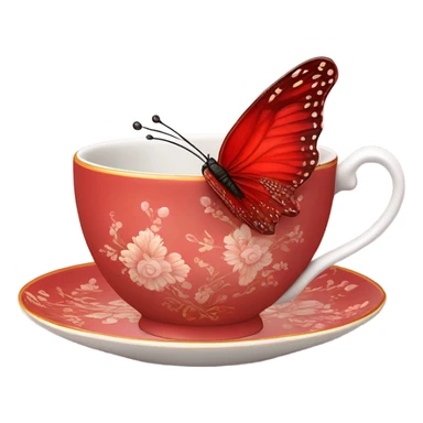 A delicate red butterfly with pastel red wings, resting on the edge of a light red porcelain teacup adorned with intricate floral patterns. sticker