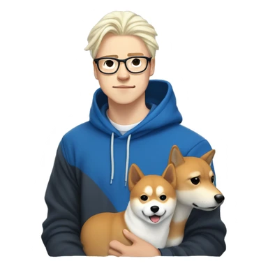 A young guy with long white hair pulled back into a ponytail white skin black-framed glasses and nose piercing wearing  blue hoodie and a Shiba Inu dog next to him sticker