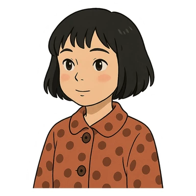 ghibli style girl with black bob-cut hair, dotted coat, Chinese appearance sticker