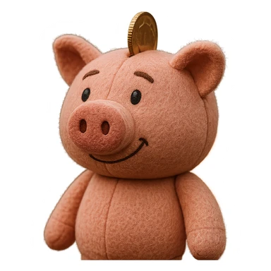 Side profile view of a pink piggy bank with a coin, 3d cartoon style, plushy texture, no background, soft and cuddly appearance. sticker