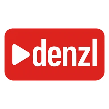 YouTube-themed 'denzl' logo, strong red background, white text, play button motif, digital media vibe sticker
