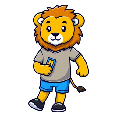retro 1950s anthropomorphised lion in a t-shirt and shorts, walking sticker