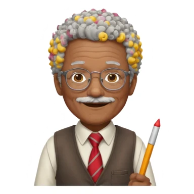 old man teacher, brown skin, curly grey white hai, wearing glasses, brown vest, red tie hold chalk on hand sticker