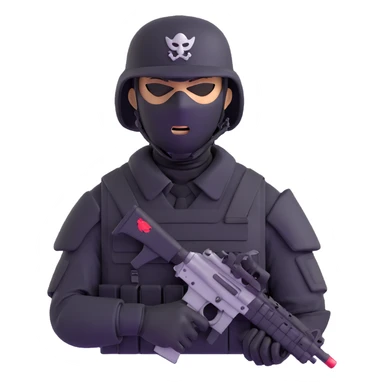armed figure in all-black military clothing, shiesty mask, and helmet sticker
