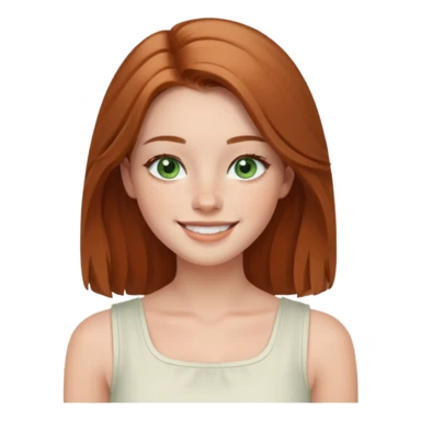 emoji of a woman named Freya McOmish, smiling, green eyes, long light brown hair, subtle freckles, modern casual style, broad shoulders, wearing a white sleeveless square neck top sticker
