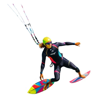 A vibrant kite soaring high in the sky, attached to a kiteboarder riding the waves below. The scene is filled with bright colors, capturing the energy of the sport. The background features the ocean, wind-blown waves, and a clear sky, showcasing the excitement and freedom of kiting. sticker