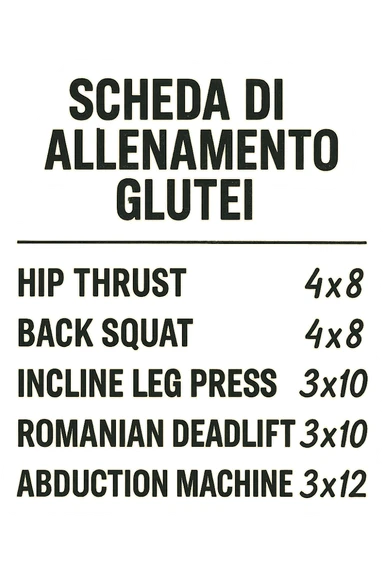 scheda di allenamento glutei in italiano con le reps scritte (tipo 4x8 ecc), iperrealistico 4k sticker