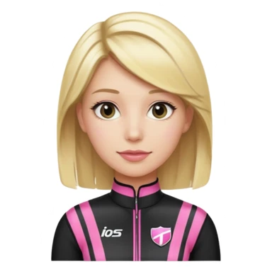 blonde woman with black racing outfit with pink strips sticker