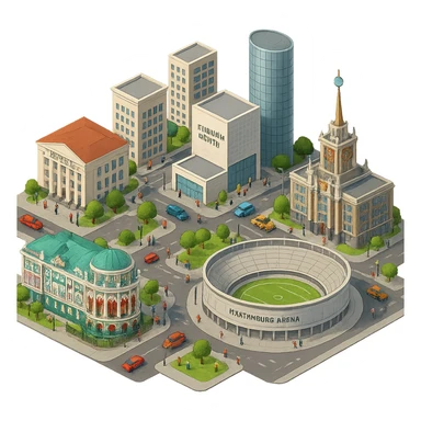 Изометричная миниатюрная фотореалистичная 3D модель Екатеринбурга - Дом Севастьянова, Ельцин-центр, Уральский федеральный университет, дома, Екатеринбург Арена, Штаб-квартира Русской медной компании, Здание Свердловского городского совета народных депутатов, четкие линии, яркие цвета, мультяшный реализм, люди, автотранспорт, компактная композиция, вид сверху в изометрии, прозрачный фон sticker