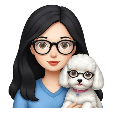 A girl with long black hair and glasses holding a bichon and a white devon sticker